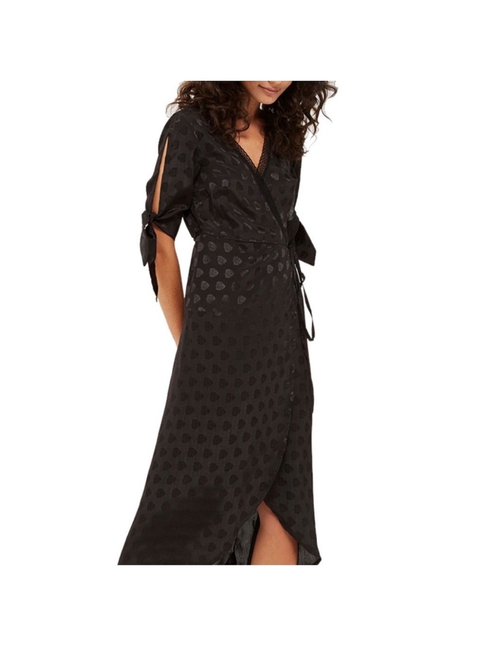 Topshop Black Heart-Jacquard Wrap Midi Dress with Lace Trim